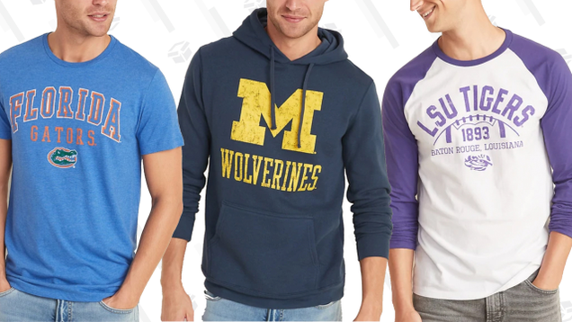 Florida Gators Graphic Tee, $23 University of Michigan Pullover Hoodie, $50 LSU Tigers Raglan-Sleeve Tee, $30